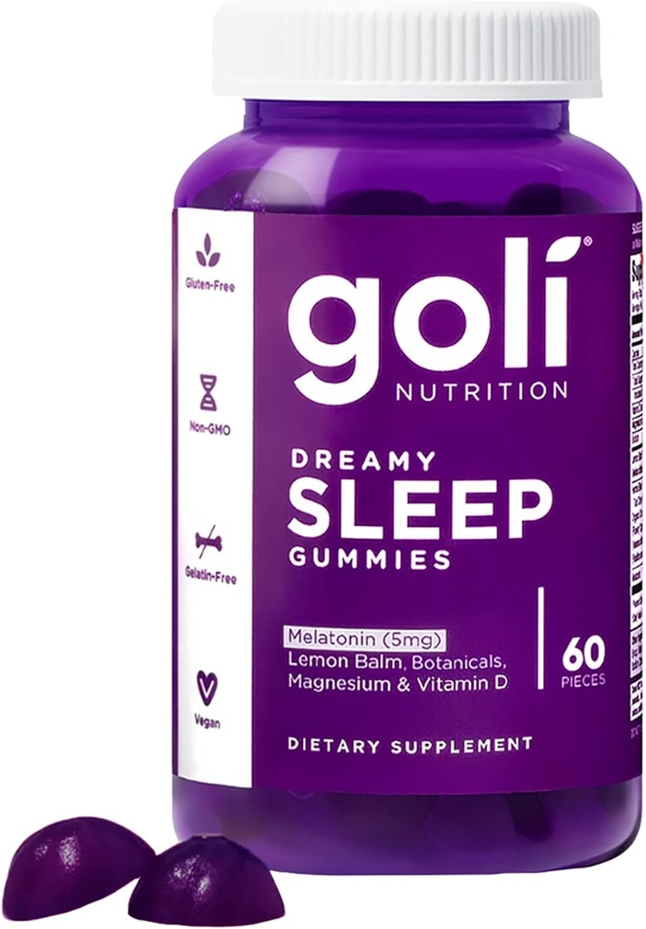 Goli Dreamy Sleep Gummy - 60 Count - Melatonin, D bitamina, Magnesium eta Lemon Balm Extract - Gelatin-Free, Gluten-Free, Vegan & Non-GMO