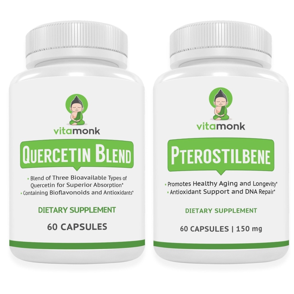 VitaMonk Quercetin Complex + Pterostilbene Bundle – Antioxidant & Immune Support – Quercetin 500 mg per Serving (2 Capsules) with Bromelain + Trans-Pterostilbene 150 mg