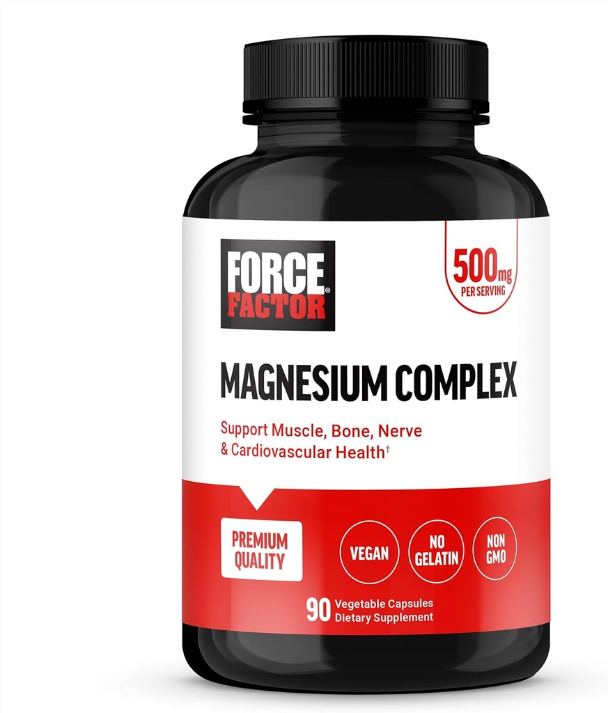 Force Factor Magnézium Complex Supplement to Support Muscles, Bones, nerves, and Cardiovascularis Health, Magnézium Glicinate, Magnézium Citrát, and Magnézium Oxide, Vegan, Non-GMO, 90 kapszula