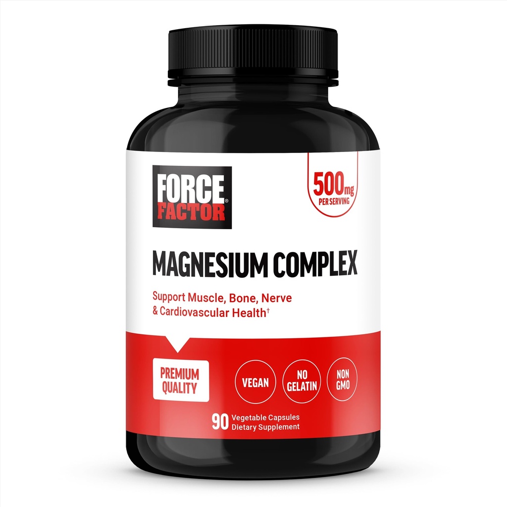 Force Factor Magnesium Complex Supplement to Support Muscles, Bones, Nerves, and Cardiovascular Health, Magnesium Glycinate, Citrate, and Oxide, Vegan, Non-GMO, 90 Capsules