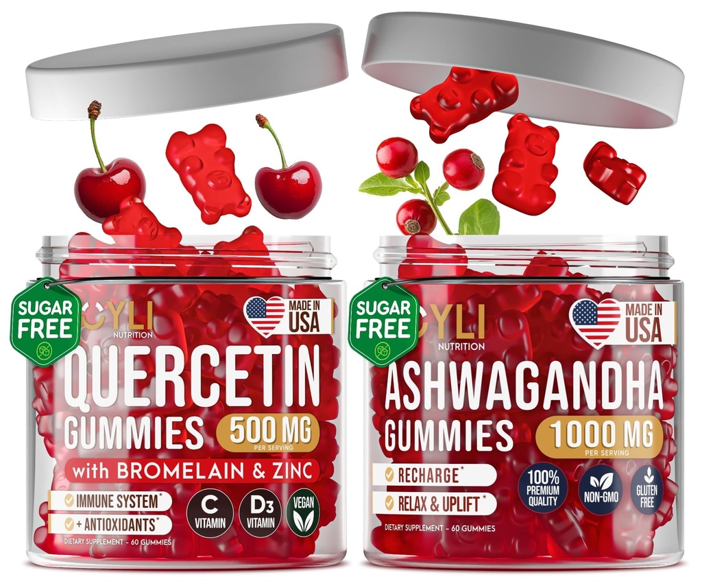 JOYLI Ashwagandha & Quercetin Gummies Bundle – Sugar-Free Vegan Gummies for Focus, Sleep & Immune Support – 1000MG Ashwagandha & 500MG Quercetin with Bromelain, Zinc, Vitamin C, D – 2x60 Chewable Supp