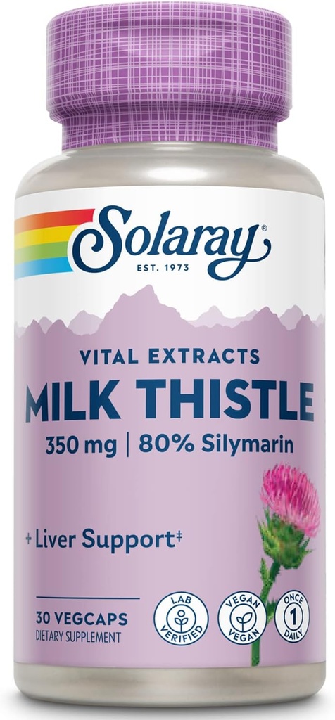 SOLARAY Milk Thistle Seed Extract 350 mg Taatusti sisältää 80% Silymarin, Perinteinen maksan tuki, Vegan & Lab todennettu laadun, 60 päivän Money-Back takuu, 30 tarjoilua, 30 VegCaps