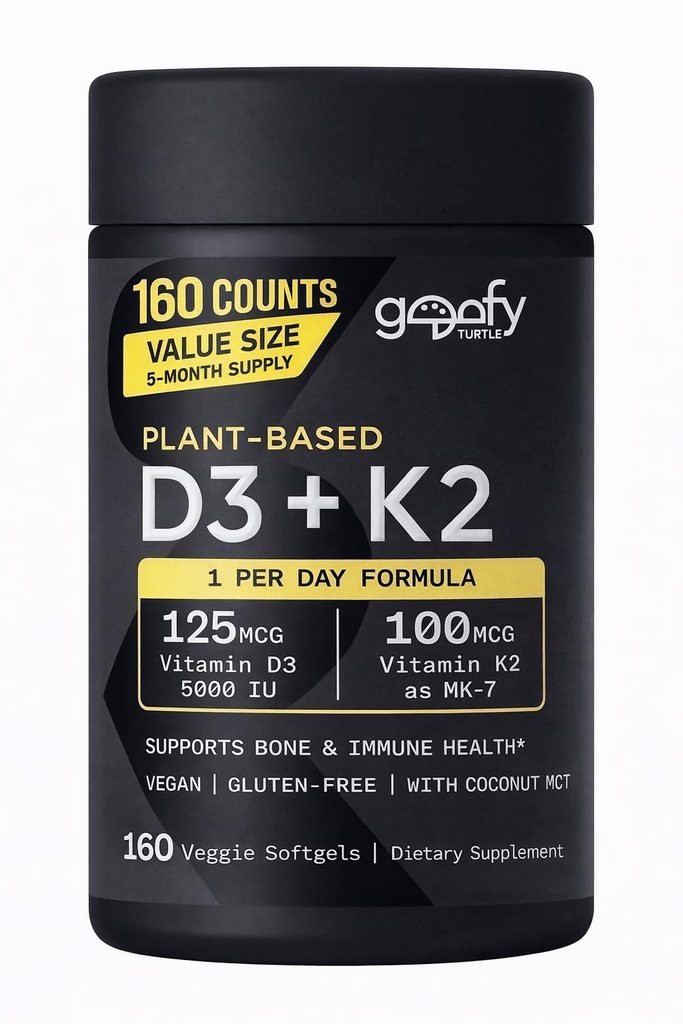 Sports Vitamin D3 K2 with 5000iu of Plant-Based D3 & 100mcg of Vitamin K2 as MK-7, Non-GMO Verified & Vegan Certified - 160 Liquid Softgels