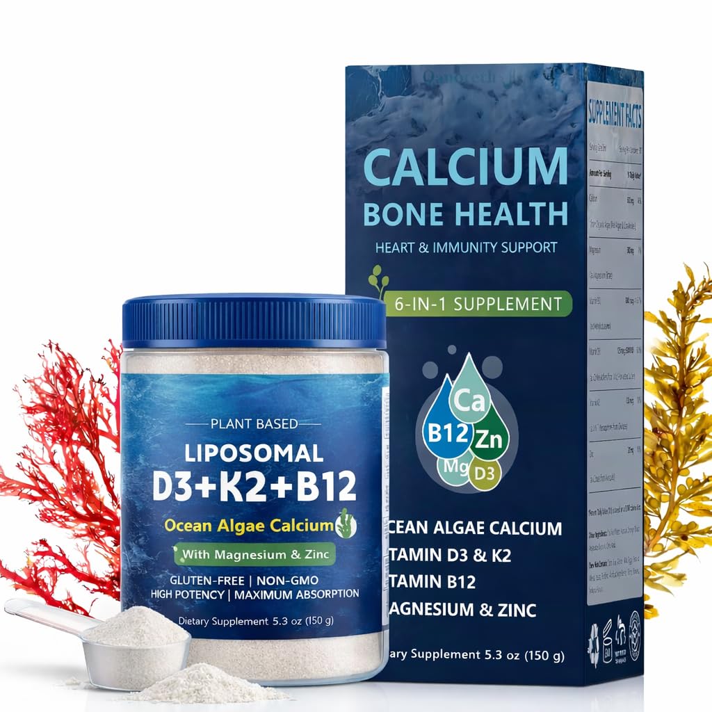 6-in-1 Liposomal Calcium, Vitamin D3 & K2, Plant Based Vegan Ca-lcium & Magnesium Zinc D3 + K2 MK7 + Methyl B12, Maximum Absorption for Bone,Heart&Immune Health