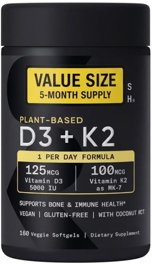 Sports Vitamin D3 K2 with 5000iu of Plant-Based D3 & 100mcg of Vitamin K2 as MK-7, Non-GMO Verified & Vegan Certified - 160 Liquid Softgels