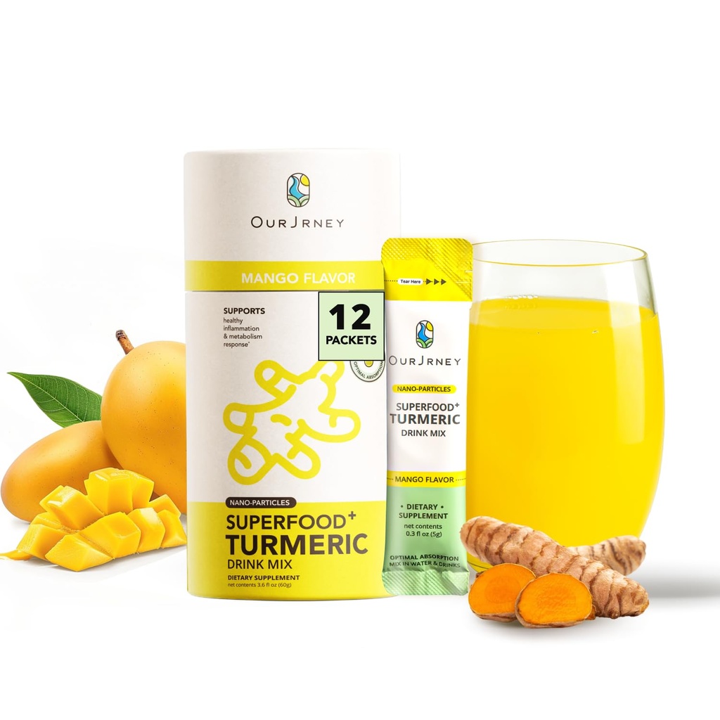 Nano Turmeric Curcumin Drink Powder Supplements–Mango Flavor Daily Morning Routine Immunity Wellness Shot, Gut Health & Joint Support - No Added Sugar, Vegan, Gluten-Free, Non-GMO,12 Sachets
