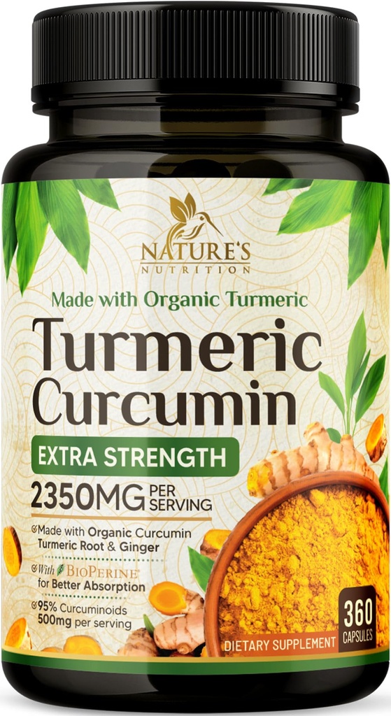 Turmeric Curcumin Supplement 2350mg - 95% Curcuminoids with Organic Turmeric & Ginger, BioPerine Black Pepper for Best Absorption, Nature's Vegan Joint Support, Non-GMO, Bottled in USA - 360 Capsules