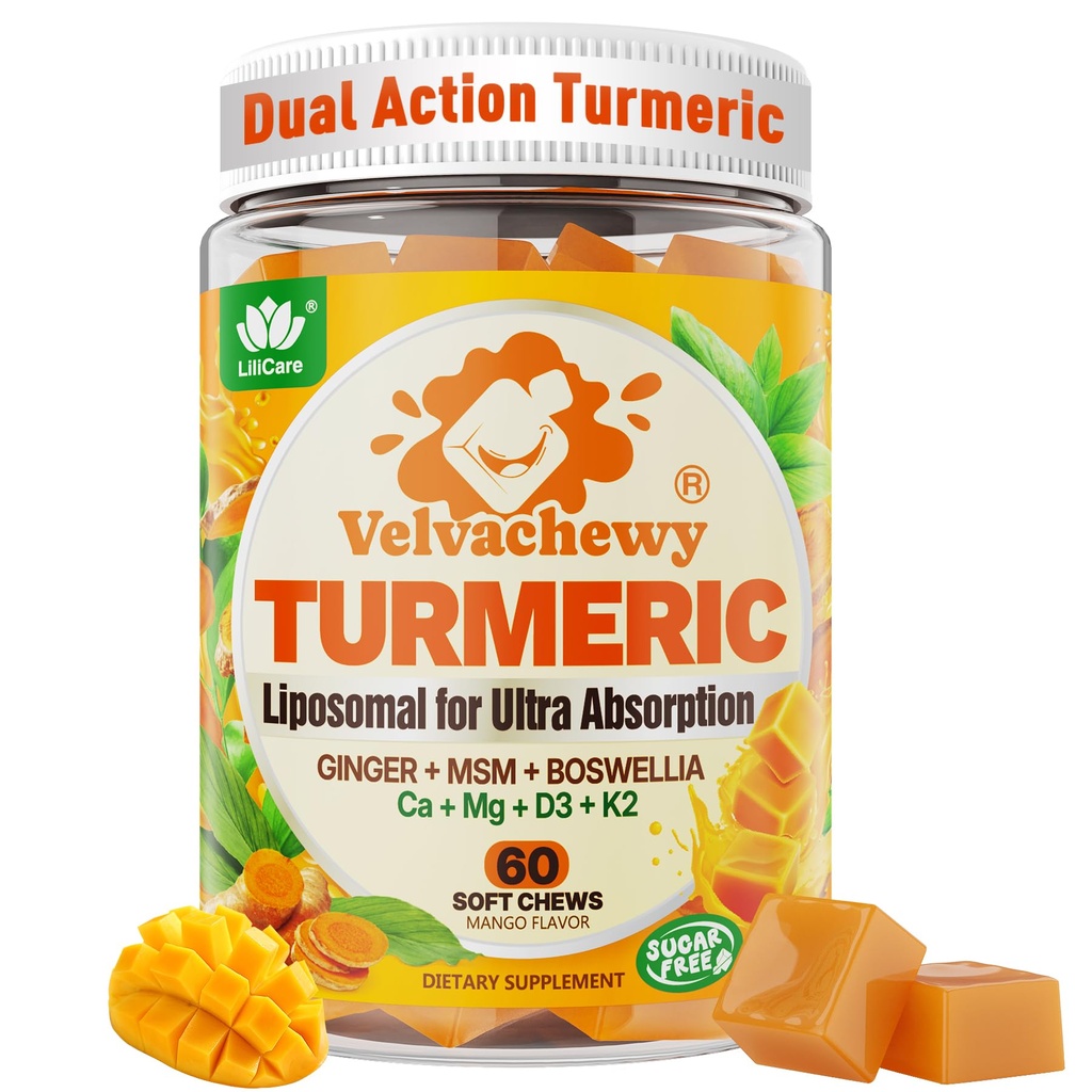 Liposomal Turmeric Curcumin 2000mg + Calcium 600mg & Vitamin D3 K2, Sugar Free Turmeric and Ginger Supplement Chews Gummies with Black Pepper, Supports Healthy Response - 95% Curcuminoids, Vegan, 60ct