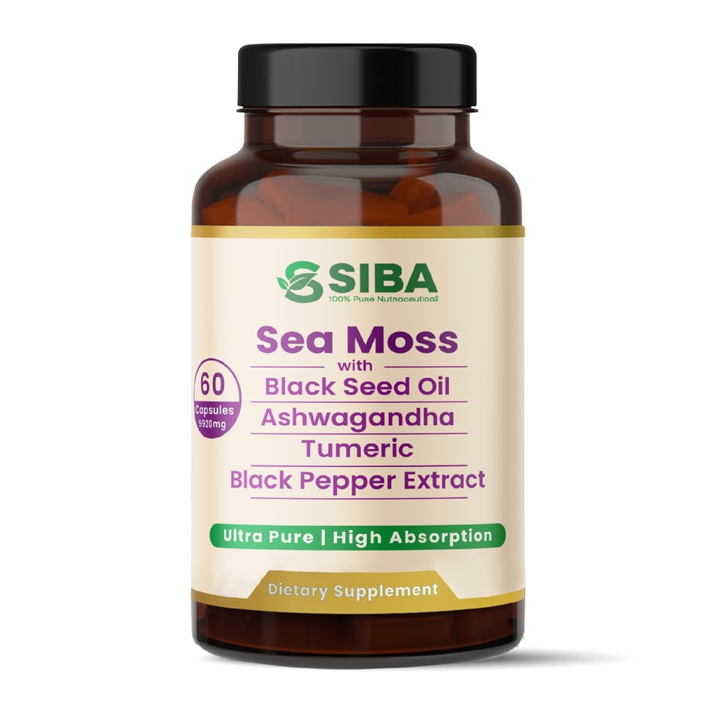 SIBA Ultra Pure Sea Moss Blend – Vegan Capsules with Sea Moss, Black Seed Oil, Ashwagandha, Turmeric & Black Pepper – Supports Overall Wellness – 60 Count
