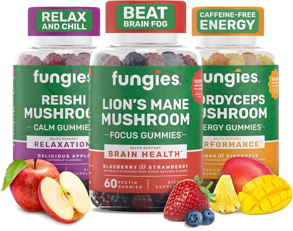 Fungies Mushroom Gummy 3-Pack Bundle, Lion's Mane, Cordyceps eta Reishi Gummies helduentzat - Onddo-guruinak garunaren osasuna, osasuna, energia eta eguneroko ongizatea onartzen ditu - 180 zerbitzu