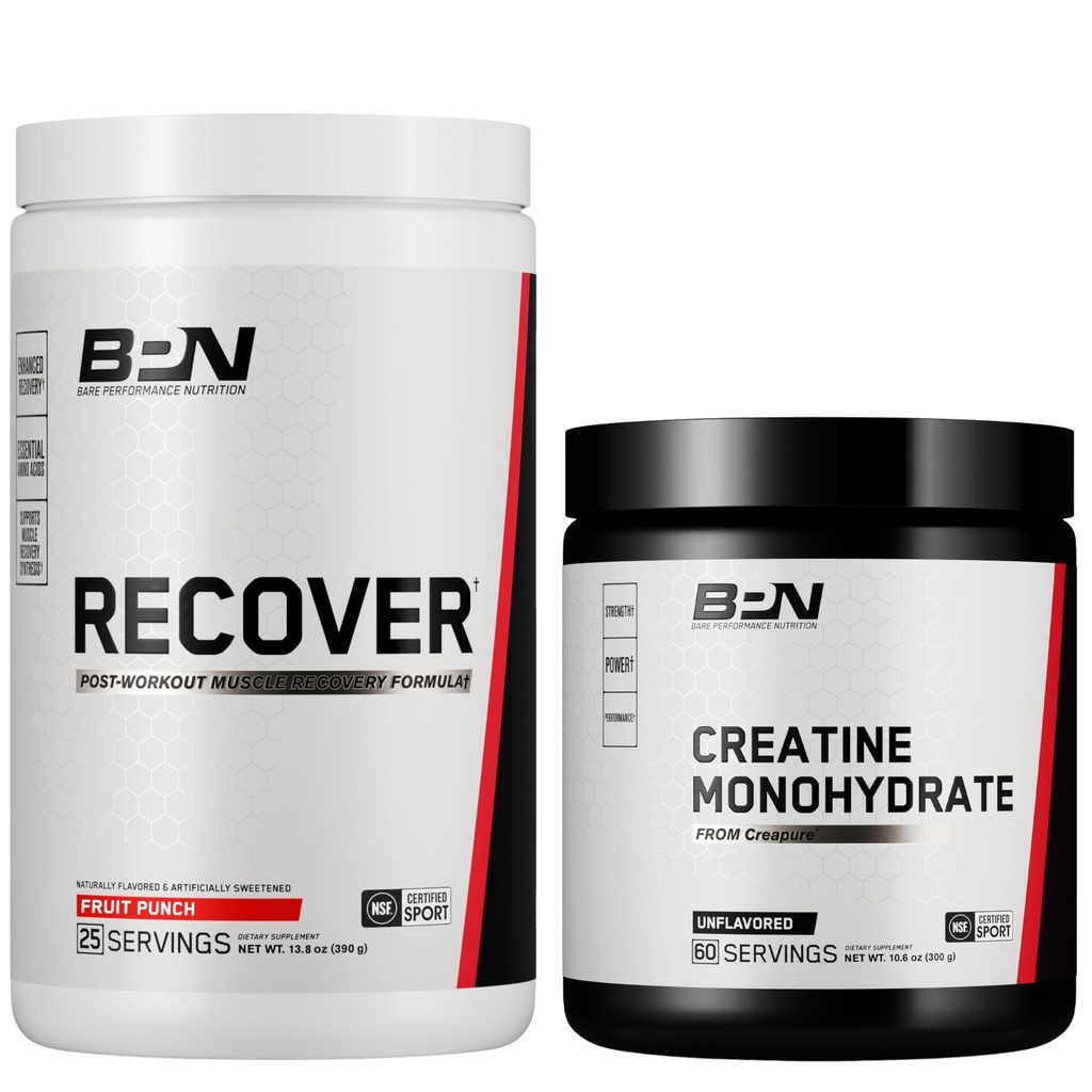BARE PERFORMANCE NUTRITION BPN Recover Post-Workout Muscle Recovery Drink Mix – Fruit Punch 25 Servings + Pure Creatine Monohydrate Powder 60 Servings | Recovery + Strength Bundle