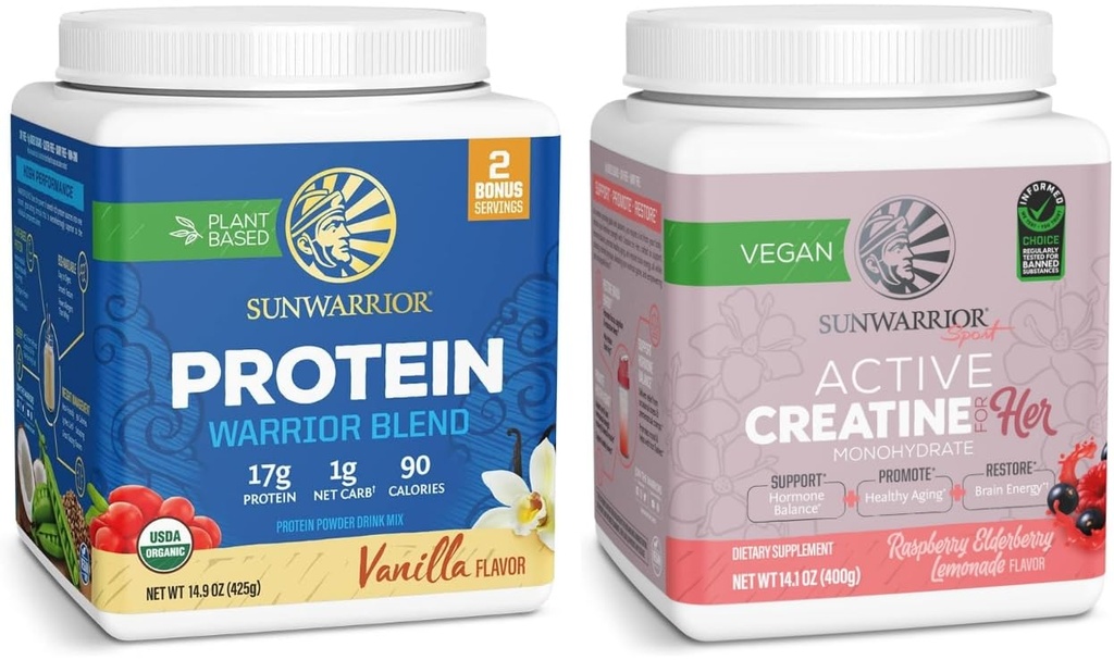 Creatine for Her & Vanilla Organic Plant Based Protein Powder Set | Bundle & Save | Vegan Organic Protein plus Raspberry Lemonade Creatine Monohydrate (50 Servings Creatine, 17 Servings Vanilla)
