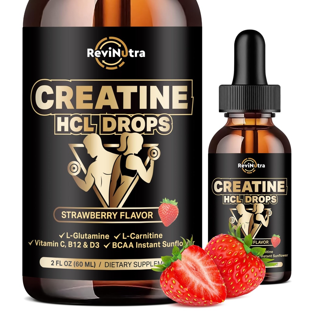 Creatine HCL Liquid Drops for Men & Women, 1500mg Liquid Creatine Hydrochloride, High Absorption, 2 Fl Oz Strawberry Flavor