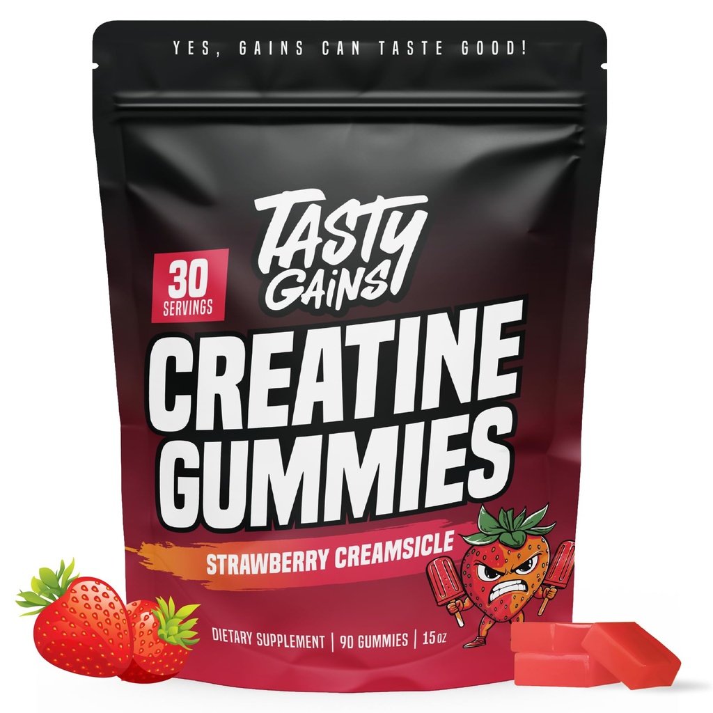 TASTY GAINS Creatine Gummies - 90g of Creatine Monohydrate - Workout Supplements - Build Muscle & Boost Strength for Men & Women - Made in USA - Non GMO - (Large, Strawberry Creamsicle Flavor)