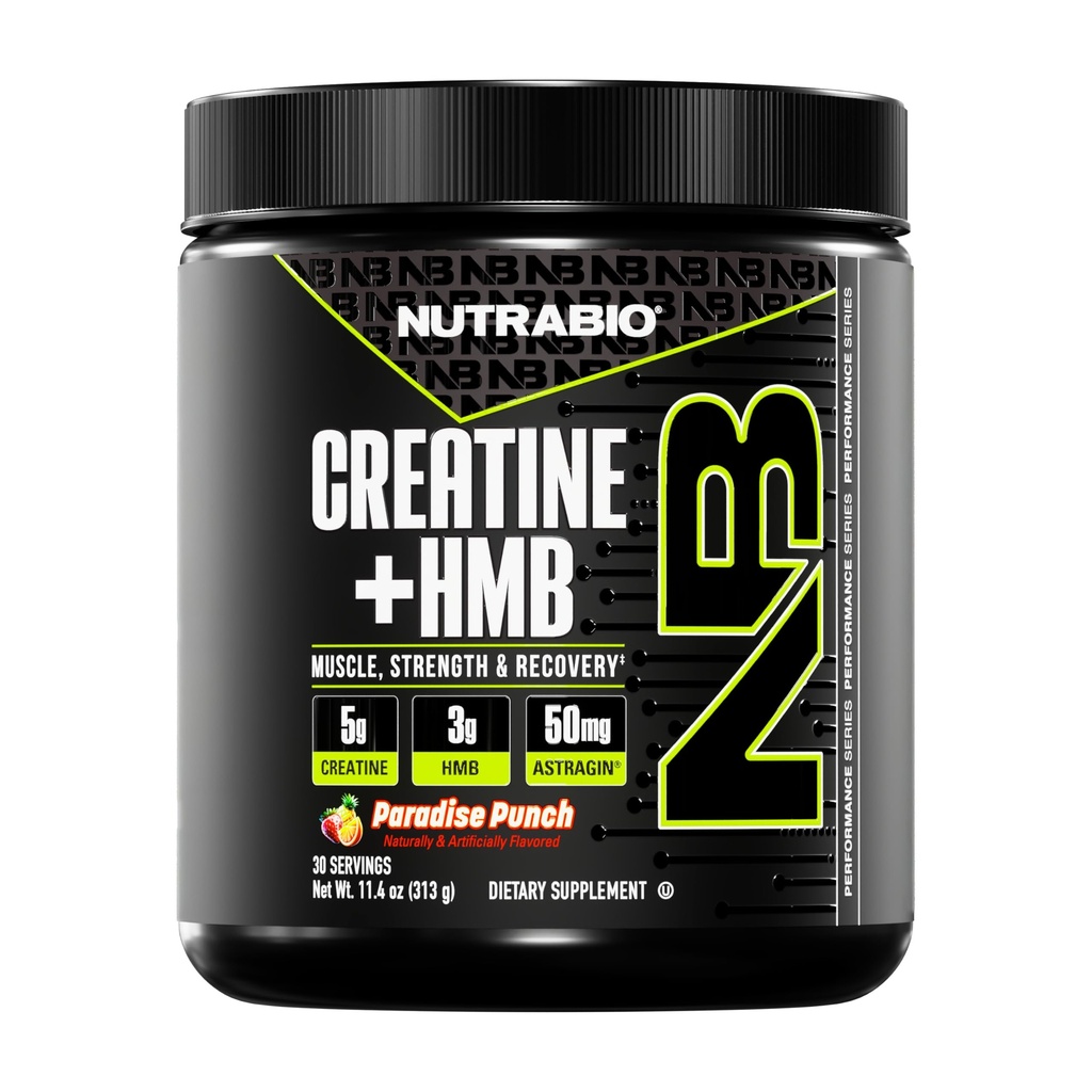 NutraBio Creatine + HMB- Creatine Monohydrate with HMB Powder for Muscle Growth, Increased Strength- 30 Servings (Paradise Punch)