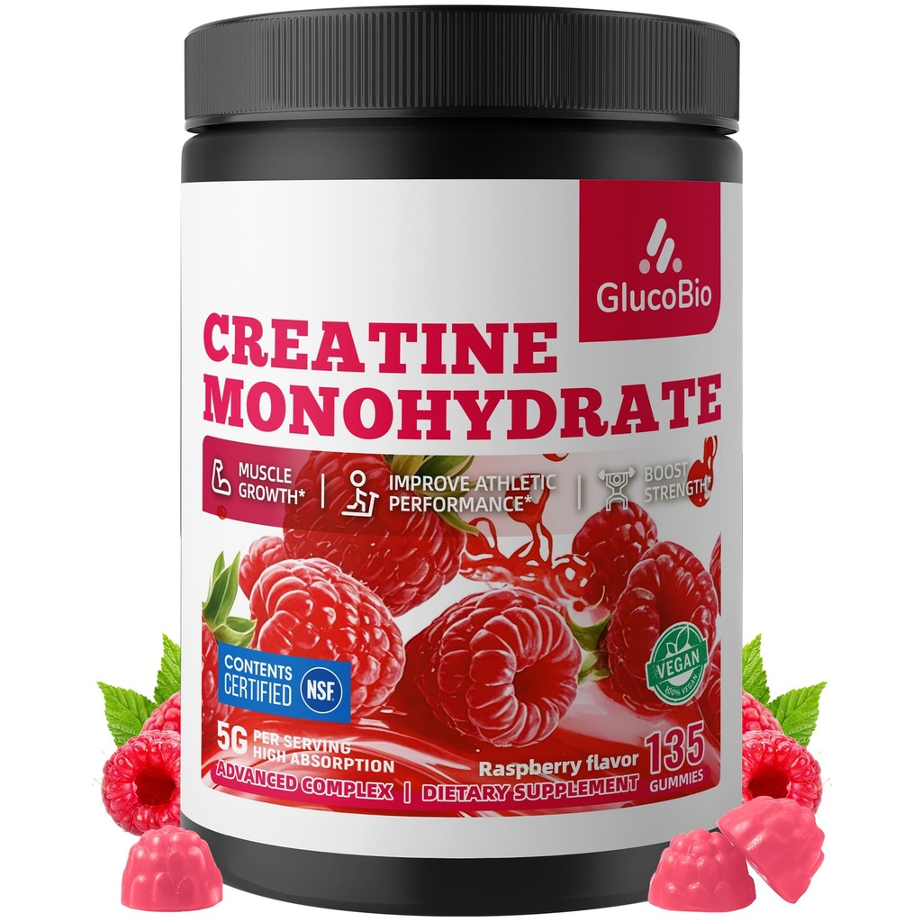 Creatine Monohydrate Gummies (5g) – Pre-Workout Energy & Muscle Growth Support for Men & Women | Raspberry Electrolyte Gummies (135 Count)