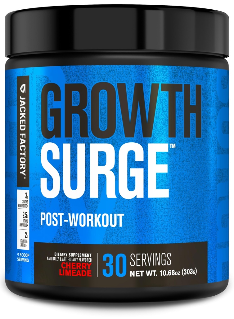 Jacked Factory Growth Surge Creatine Post Workout w/L-Carnitine - Daily Muscle Builder & Recovery Supplement with Creatine Monohydrate, Betaine, L-Carnitine L-Tartrate - 30 Servings, Cherry Limeade