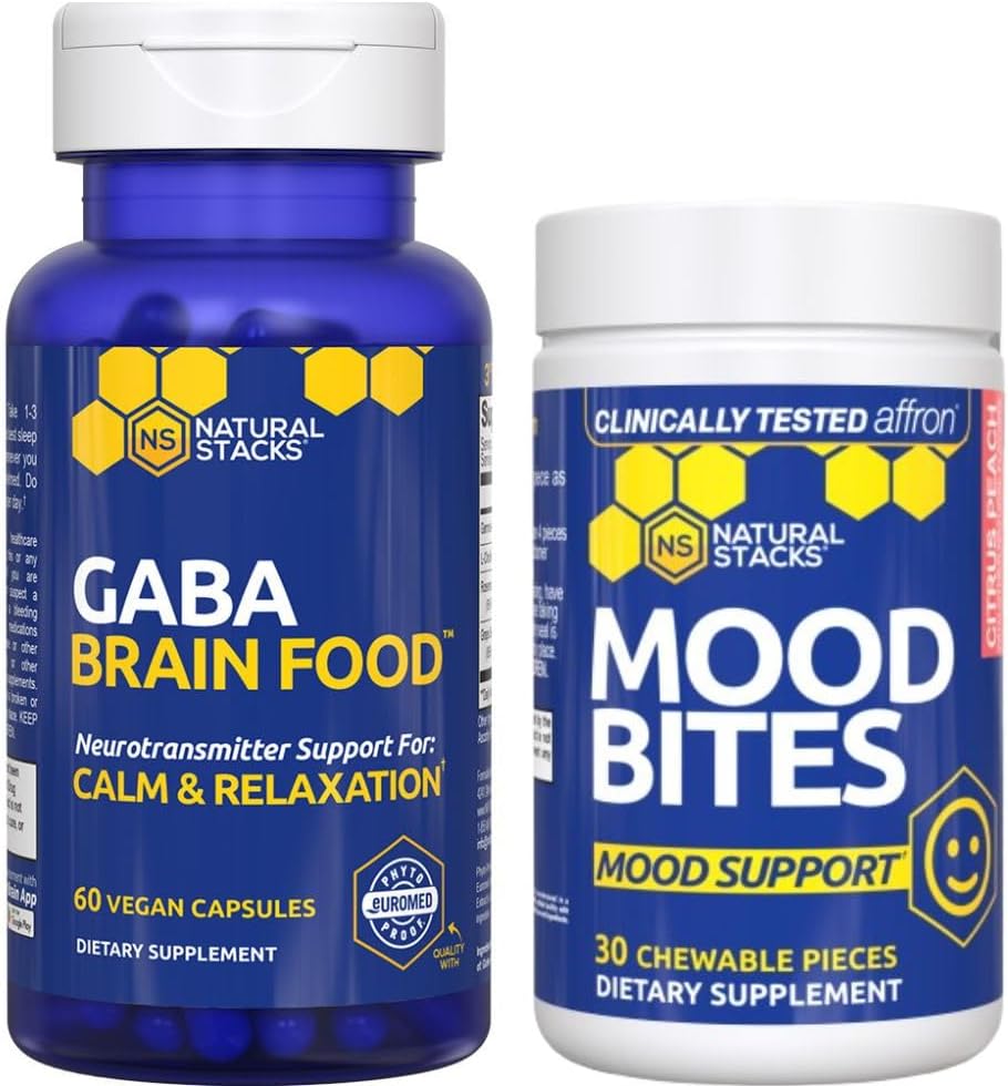 Natural STACKS Mood Bites + GABA Brain Food Bundle - Sprijină relaxarea și îmbunătățirea stării de spirit * - 90 Total piese