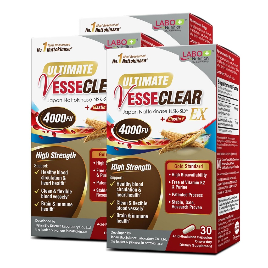 LABO Nutrition Ultimate VesseCLEAR EX 4000FU Nattokinase NSK-SD with Elastin F — Circulatory Wellness Support – Vitamin K2 & Purine Free — 90 Capsules, 90-Day Supply (3 Boxes x 30 Capsules)