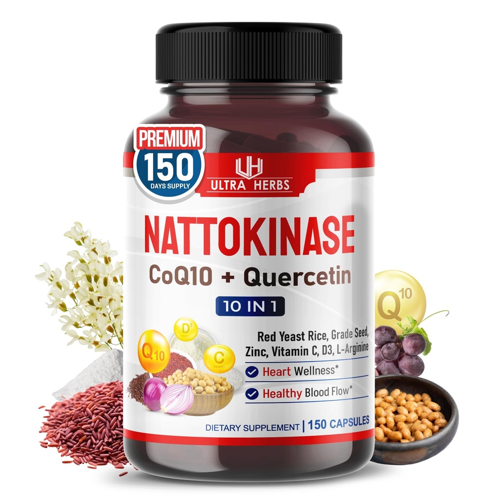 Nattokinase Supplement 4000FU, Enriched with CoQ10, Red Yeast Rice, Quercetin, Grade Seed, Zinc - Heart Wellness & Circulatory Support | 150 Capsules