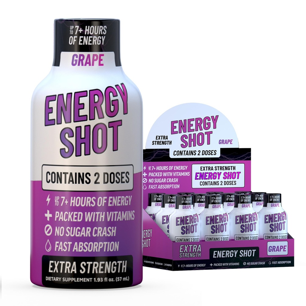Grape Extra Strength Energy Shot 12 pk – 260mg Natural Caffeine B12 B6 – Energy & Focus Support – 2 Servings Sugar Free Zero Calorie Green Tea B-Vitamins Electrolytes Vegan – 1.93 fl oz