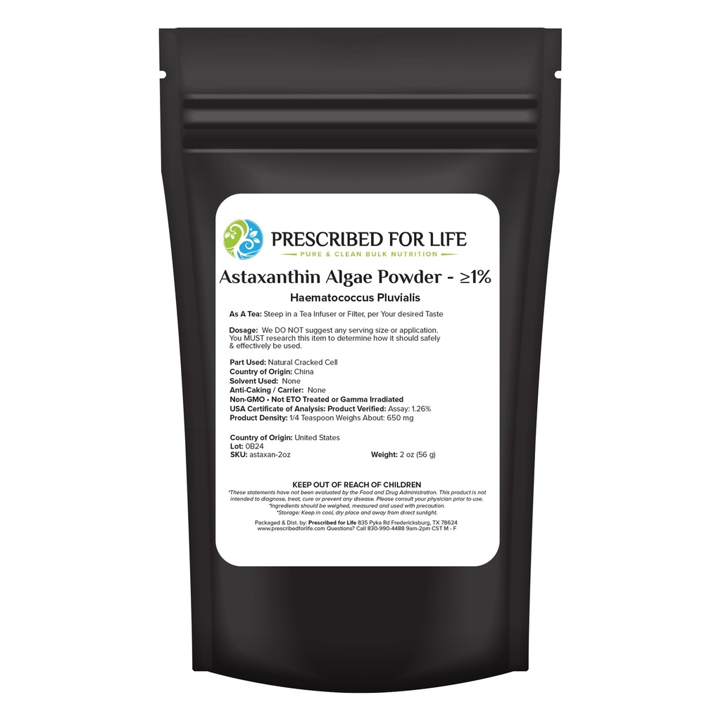 Prescribed For Life Astaxanthin, Natural 1% Astaxanthin Powder Supplement Made from Red Algae (56g)
