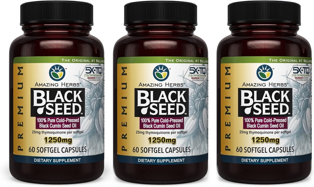 Úžasné Byliny Premium Black Seed Oil Kapsle - High Potency, Cold Pressed Nigella Sativa AIDS in Digestive Health, Imunitní podpora a funkce mozku - 60 Počet, 1250mg (balení po 3)