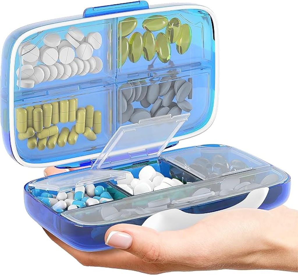 Travel Pill Organizer - Légmentes gyógyszer esetében utazó hordozható gyógyszertár doboz címkével vitamintartály 8 Komplementkiegészítés Gyógyszer Holder Nagy kapacitás Napi (kék)