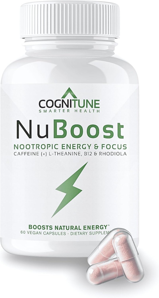 CogniTune NuBoost Energy & Focus Brain Supplement, Koffein L-Theanin, Vitamin B12, Rhodiola + BioPerine, No Crash, Jitter Free 100mg Koffeinpiller, Clean Nootropic Brain Booster, 60 Ct