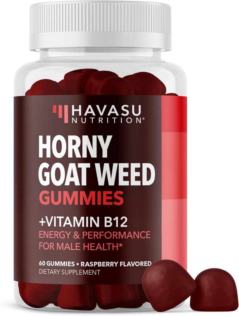 Horny Goat Weed Gummies with Vitamin B12 - Energy, Endurance & Performance Support for Male Health - 60 Count - Vegetarian-Friendly, Non-GMO, Pectin-Based - Raspberry Flavor, 1 ay Supply