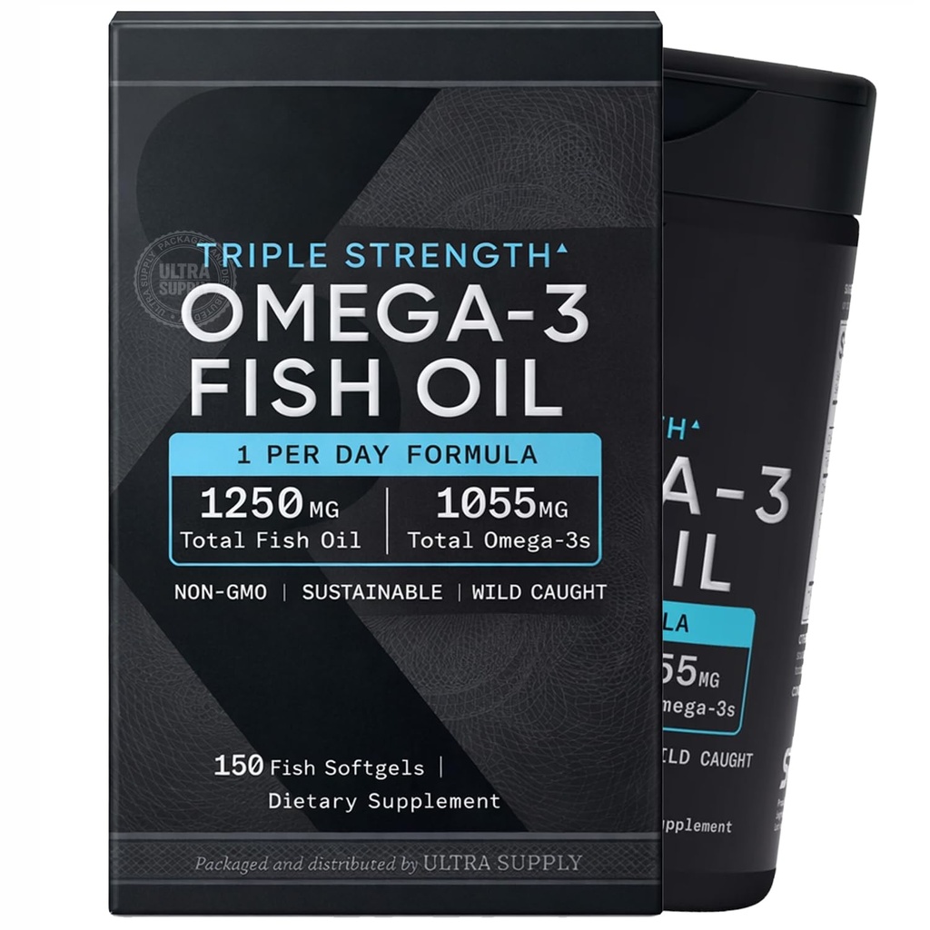 Sports Fish Oil, Triple Strength, (150 Count) Burp-Less Formula, 1250 mg Fish Oil, 1055mg Omega 3