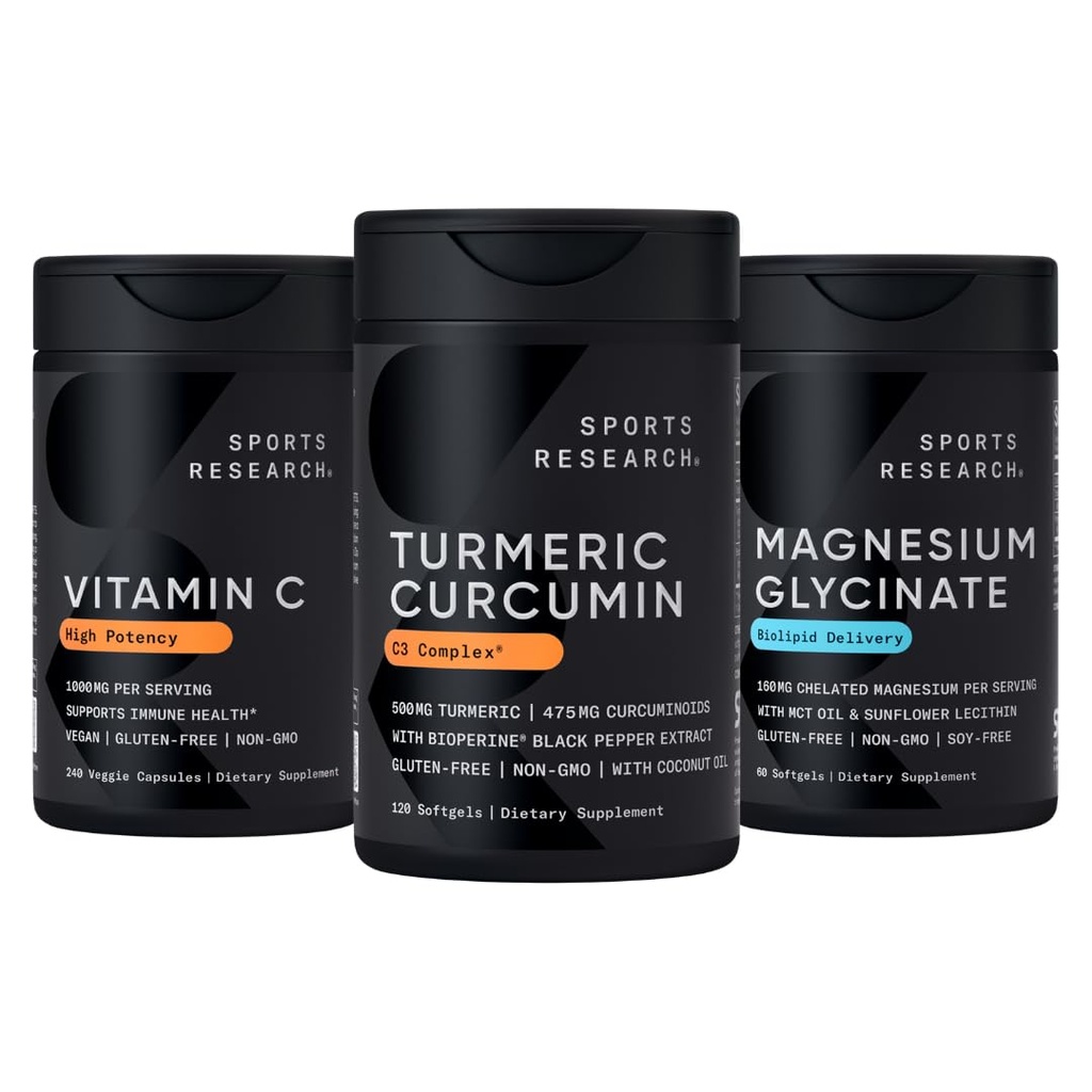 Sports Research® Multivitamins Pack - Turmeric Curcumin C3 Complex + High Potency Vitamin C 1000mg Supplement + 160 mg Chelated Magnesium Glycinate