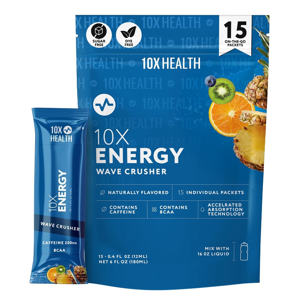 10X Health Energy Wave Crusher - Energy Drink Packets with 200 mg Caffeine, BCAAs & B Vitamins - Pre-Workout Caffeine Drink Mix Packets, Accelerated Absorption - 15 Sticks, Tropical Fruit Punch
