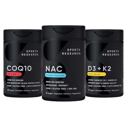 Sports Research® Antioxidant Support Pack - N-Acetyl L-Cysteine (NAC) 600mg, CoQ10 100mg Enhanced w/Coconut Oil & Bioperine, and Vegan Vitamin D3 5000iu & Mk7 Vitamin K2