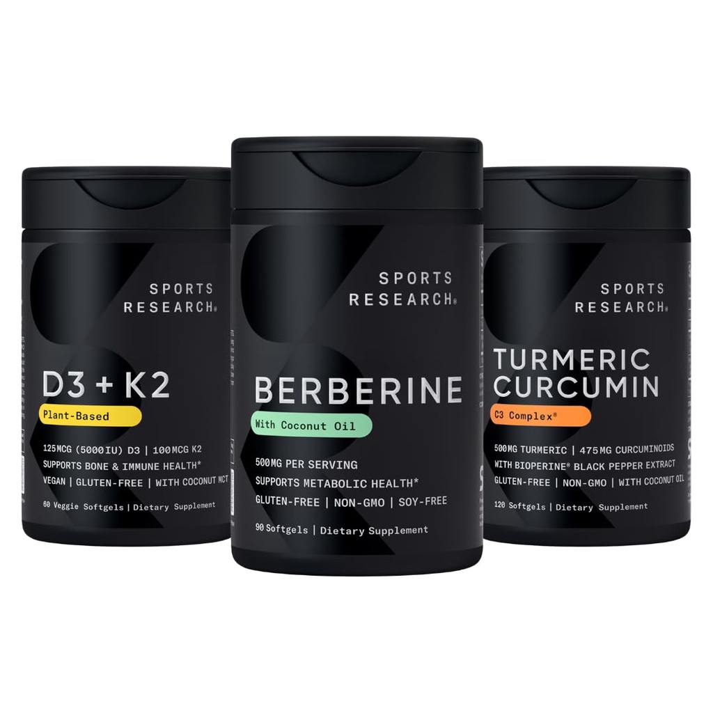 Sports Research® Multivitamins Pack - Berberine 500mg Supplement with Coconut Oil + Vitamin D 5000iu & Mk7 Vitamin K 100mcg + Turmeric Curcumin C3 Complex