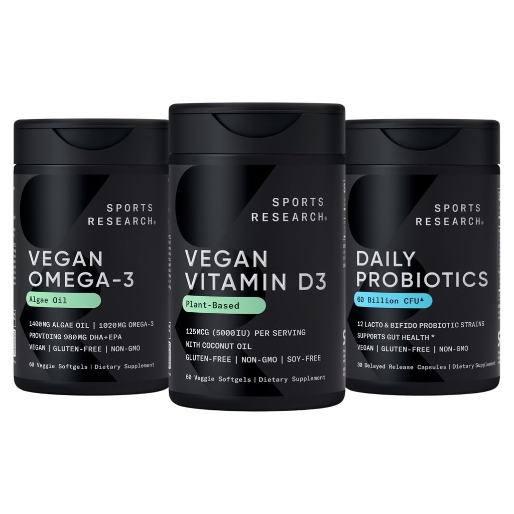 Sports Research® Vegan Supplements Pack - Vegan Vitamin D3 5000iu + Vegan Omega-3 Fish Oil Alternative + Daily Probiotics with Prebiotics, 60 Billion CFU
