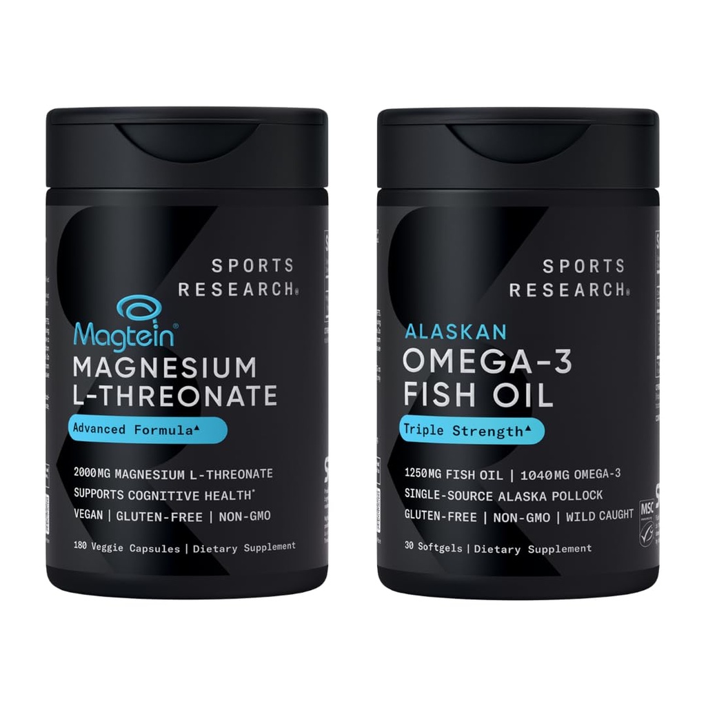 Sports Research Cognitive Health Pack Support Triple Strength Omega 3 Fish Oil w/EPA & DHA Fatty Acids from Wild Alaskan Pollock & Magtein Magnesium L-Threonate