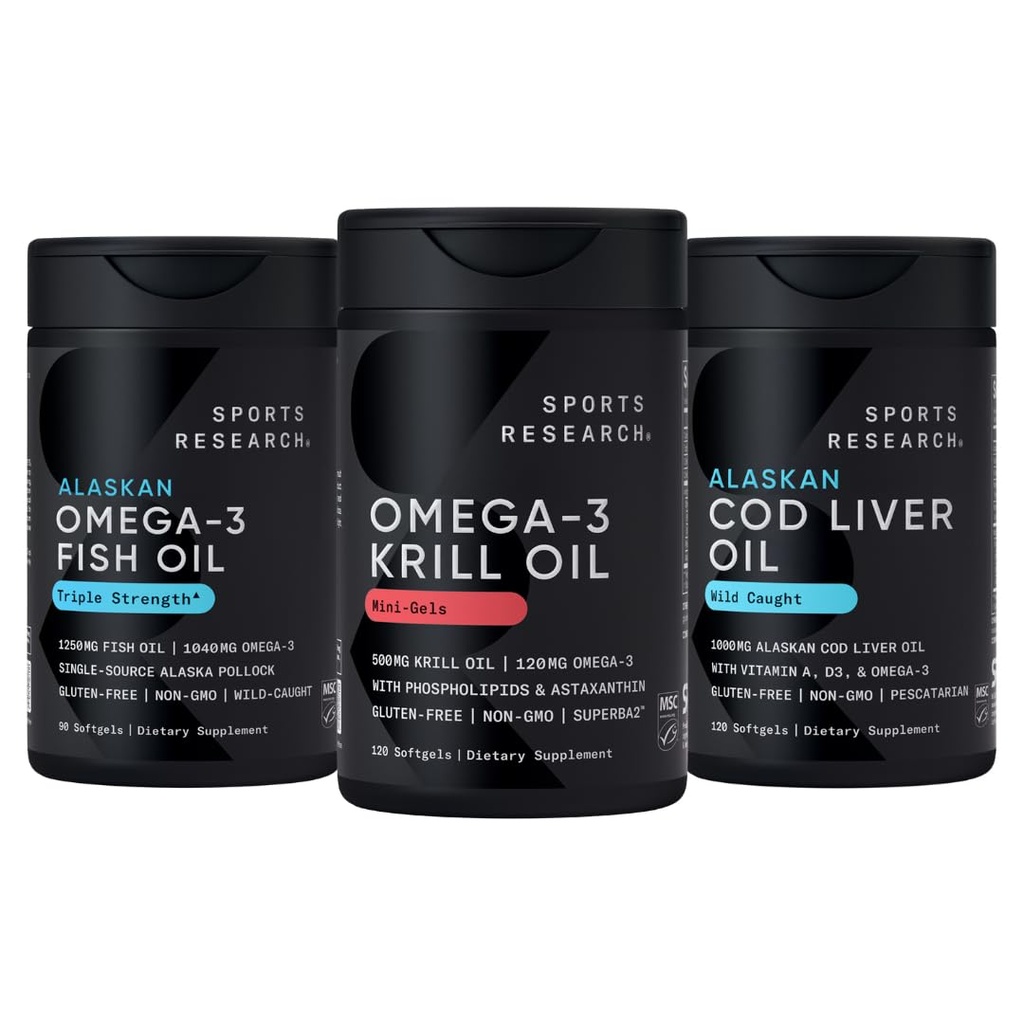 Sports Research® Omega Power House Antarctic Krill & Fish Oil with Triple Strength EPA DHA and Phospholipids, Choline & Astaxanthin & Wild Alaskan Cod Liver Oil 1000mg with Vit. A (1000IU) & D3 (400IU
