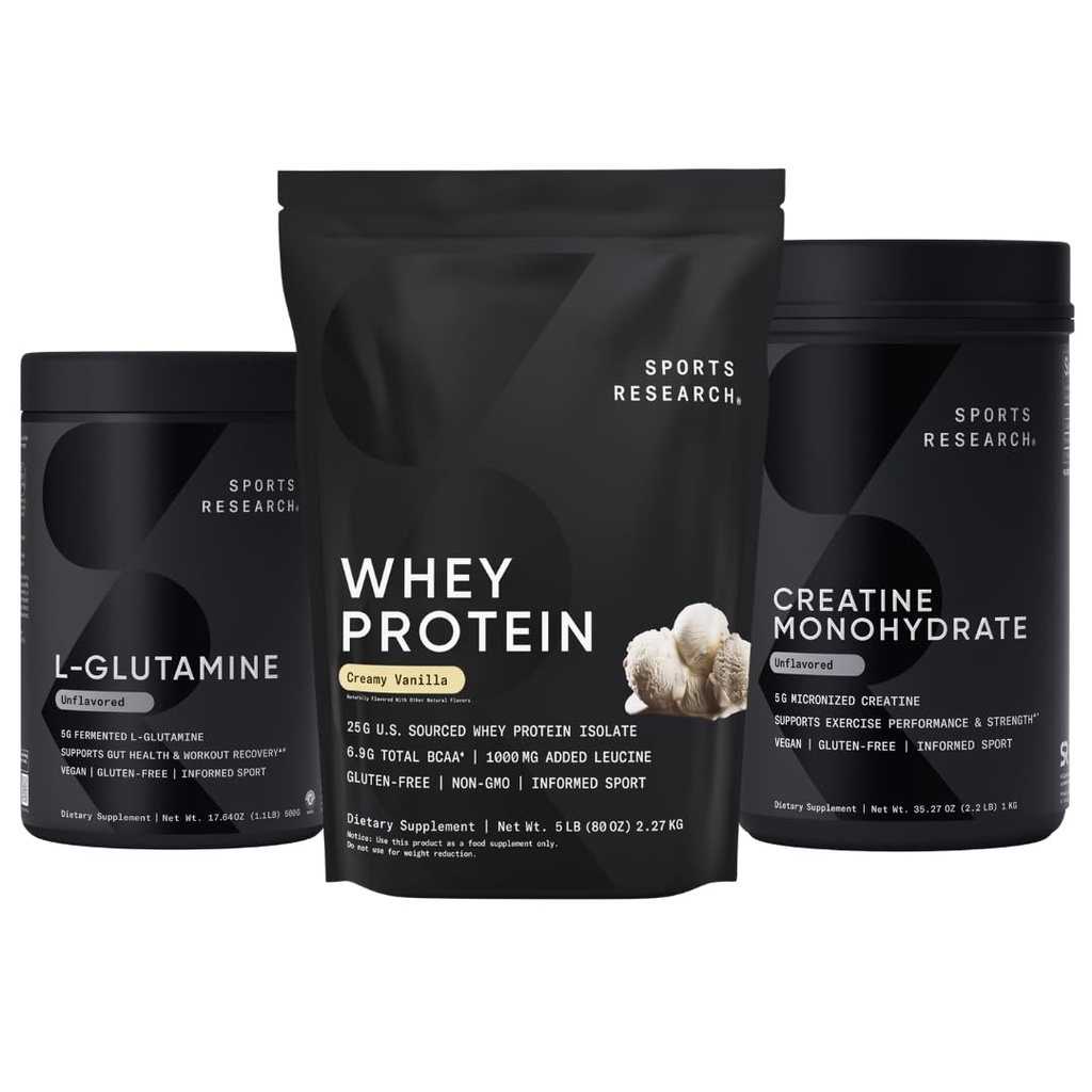 Sports Research® Recovery Matrix - Whey Isolate Protein Powder 5 lb + L-Glutamine 1.1lb + Creatine Monohydrate 2.2lb