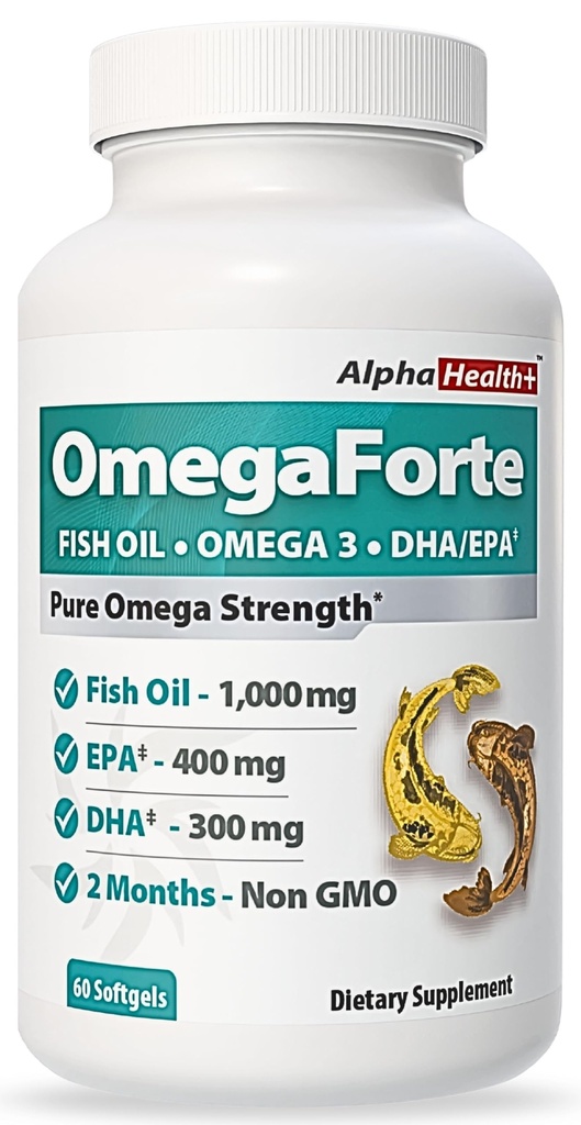 OmegaForte Naturals Omega-3 Fish Oil Supplement – 1000mg Fish Oil, 400mg EPA & 300mg DHA – Burpless Softgels: Heart, Brain, Joint, Eye & Immune Health – High Potency Omega 3 for Men & Women – 60 caps