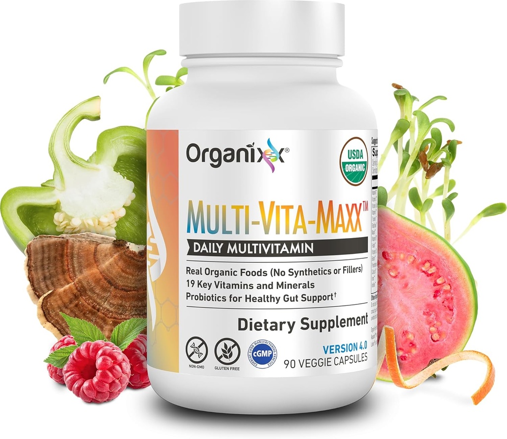Organixx Vegan Multivitamin pro ženy a muže, s vitaminem C, D3, vitamín B komplex, probiotika, organické ovoce a zelenina, podporuje stravovací, Gut zdraví, imunitní podpora, 90 Gel kapsle