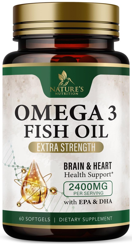 Omega 3 Fish Oil Supplements - 2400mg Fish Oil Per Serving - Triple Strength Omega-3 with EPA & DHA Fatty Acids - Natural Heart, Brain & Immune Support - Wild Caught, Bottled in USA - 60 Softgels