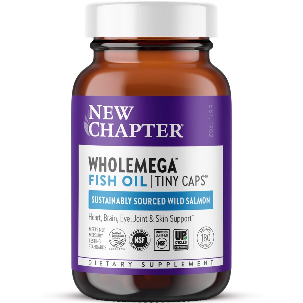 New Chapter Wholemega Fish Oil Supplement, Tiny Capsules, 2000mg per Serving, Clinically Proven Wild Alaskan Salmon Oil with Omega-3 + Vitamin D3 + Astaxanthin, 500mg per softgel - 180 Count