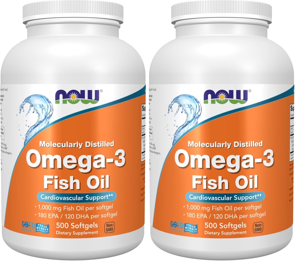 NOW Foods Supplements, Omega-3 180 EPA / 120 DHA, Molecularly Distilled, Cardiovascular Support*, 500 Softgels, (Pack of 2)