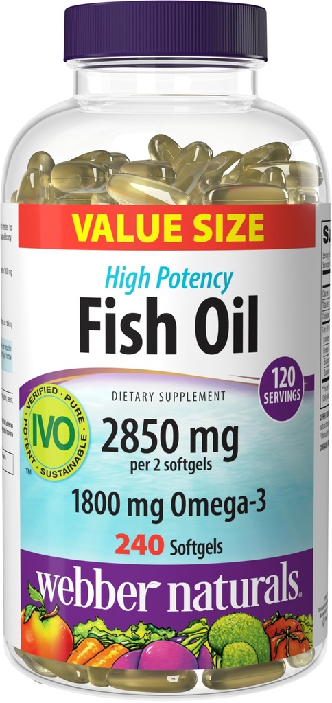 Webber Naturals Fish Oil 2850 mg, High Potency, 1800 mg Omega 3 per Serving, 240 Clear Enteric Softgels, No Fishy Aftertaste, Ultra-Purified, Supports Heart, Cognitive, and Joint Health