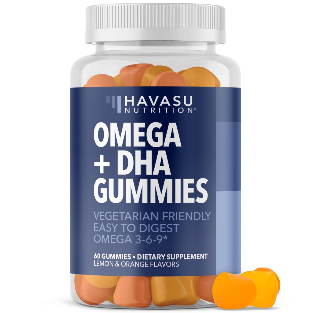 Omega 3 6 9 + DHA Gummies for Adults - Plant-Based Fish Oil Alternative with Chia Seed Oil and Algae - Support Brain and Immune Function - Lemon and Orange Flavors - Vegetarian Friendly - 60 Count