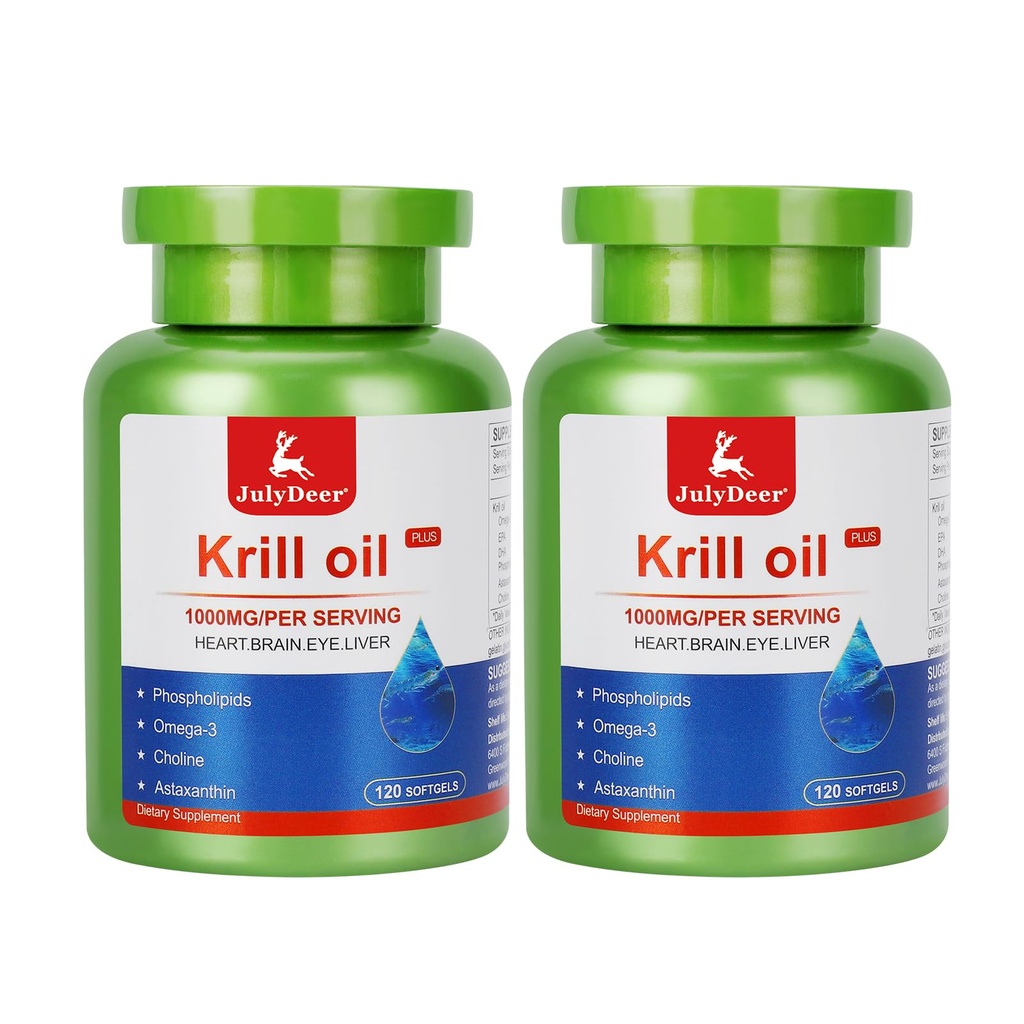 JulyDeer Krill Oil 1000 mg 240 Softgels with Omega-3s EPA, DHA, Astaxanthin and Phospholipids Supplement, Antarctic Krill No Fishy Aftertaste for Joint, Heart, Brain and Immunity - 2 Bottles