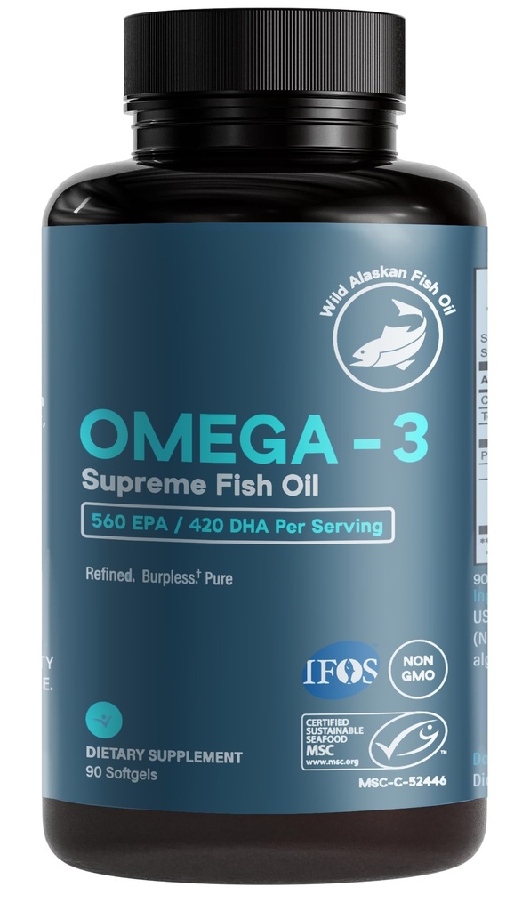 Omega-3 Supreme Fish Oil 1400 mg. MSC Certified +75% Omega-3s 1050 mg, 644/336, NO Fish-Burps & Improved Absorption | Molecular Distilled, Mercury/PCB/Toxin Tested (90 Count (S))