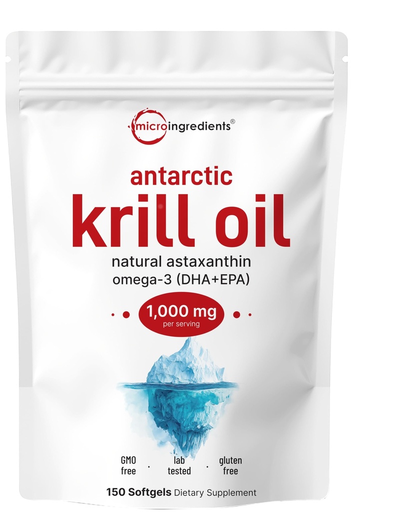 Micro Ingredients Antarctic Krill Oil Supplement with Natural Astaxanthin, 1000mg Per Serving, 150 Soft-Gels, Rich in Omega-3s EPA & DHA, Supports Immune System & Brain Health, Easy to Swallow