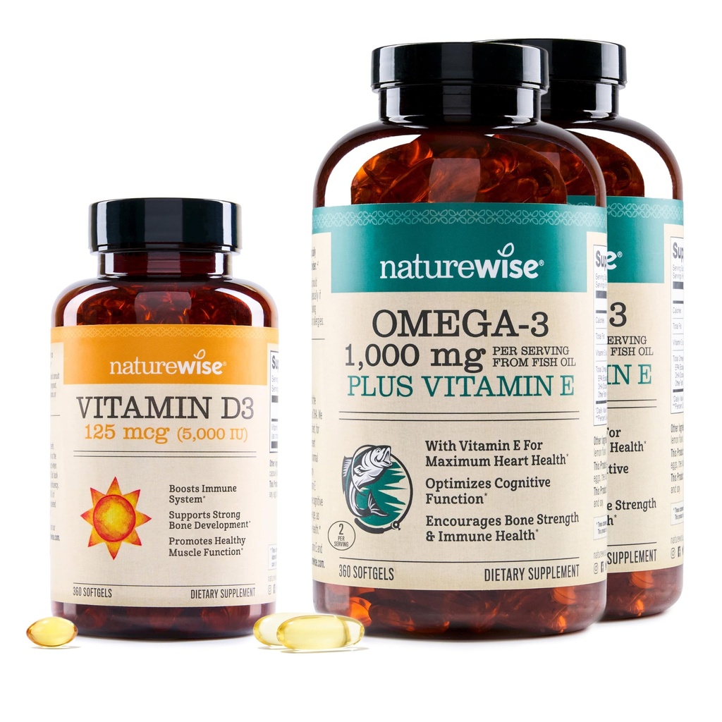 NatureWise [1] Vitamin D3 5000iu + Organic Olive Oil - 360 Mini Softgels[360-Day Supply] + (Pack of 2) Omega3 Fish Oil 1000mg + Vitamin E - Wild-Caught - 360 Softgels[180-Day Supply]